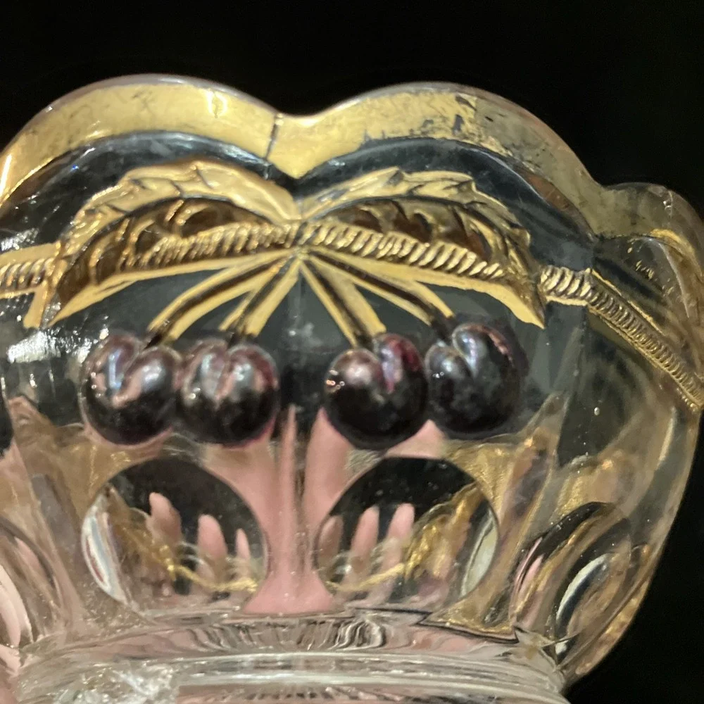 Vintage Mosser Northwood Glass Cherry & Cable Thumbprint 24K Gold Candy Dish